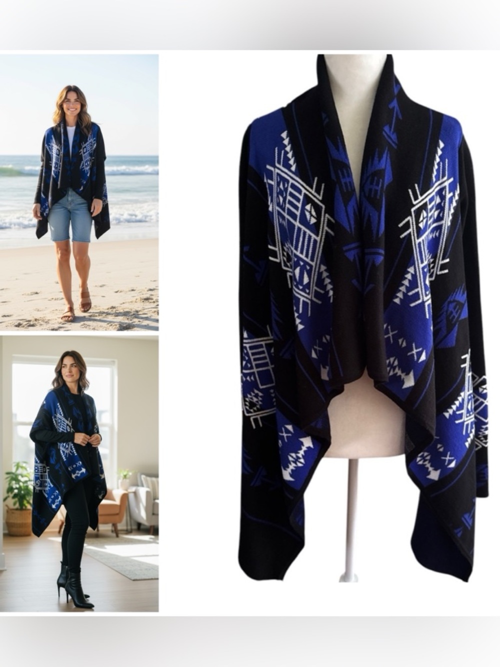 EVERLY Tribal print Cascade Cardigan Sweater Long sleeves Blue & Black Aztec S